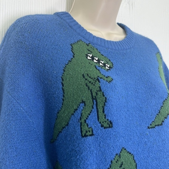 Forever 21 - Green T Rex Graphic Blue Crewneck Long Sleeve Sweater Size Small - Picture 5 of 10